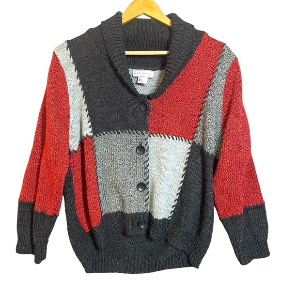 Allison Daley‎ Patchwork Cardigan XL Red Black Gray Acrylic Wool Blend - Picture 1 of 12